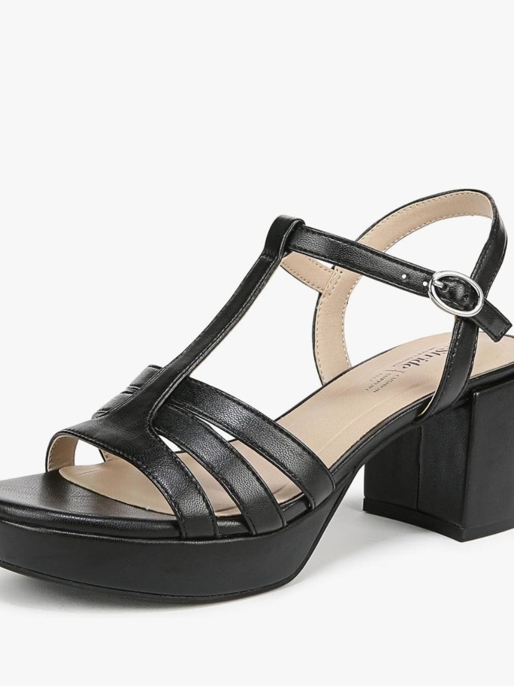 Life Stride Black T-Strap Block Heel Sandals